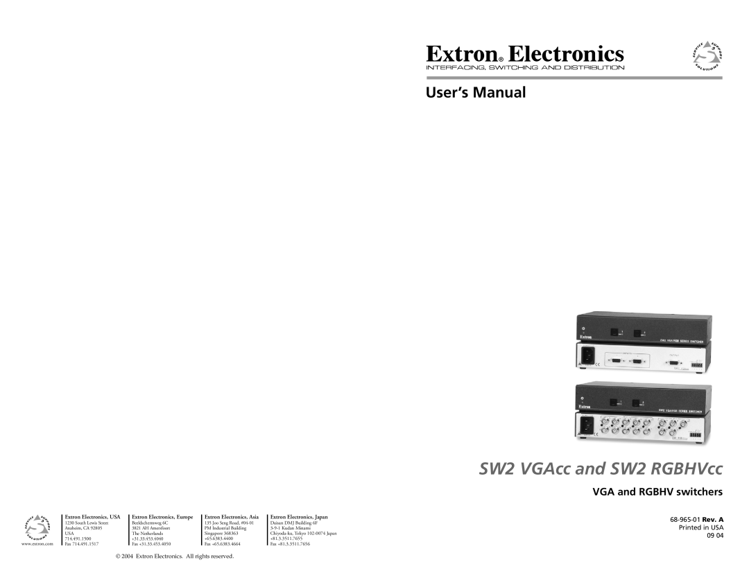 Extron electronic SW2 VGACC user manual VGA and RGBHV switchers, SW2 VGAcc and SW2 RGBHVcc, User’s Manual, Printed in USA 