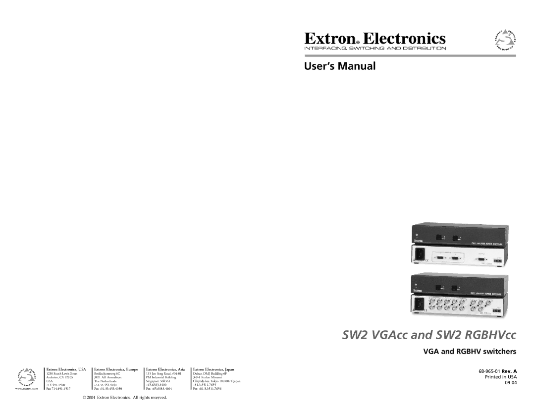 Extron electronic SW2 VGACC, SW2 RGBHVCC user manual User’s Manual, VGA and Rgbhv switchers 