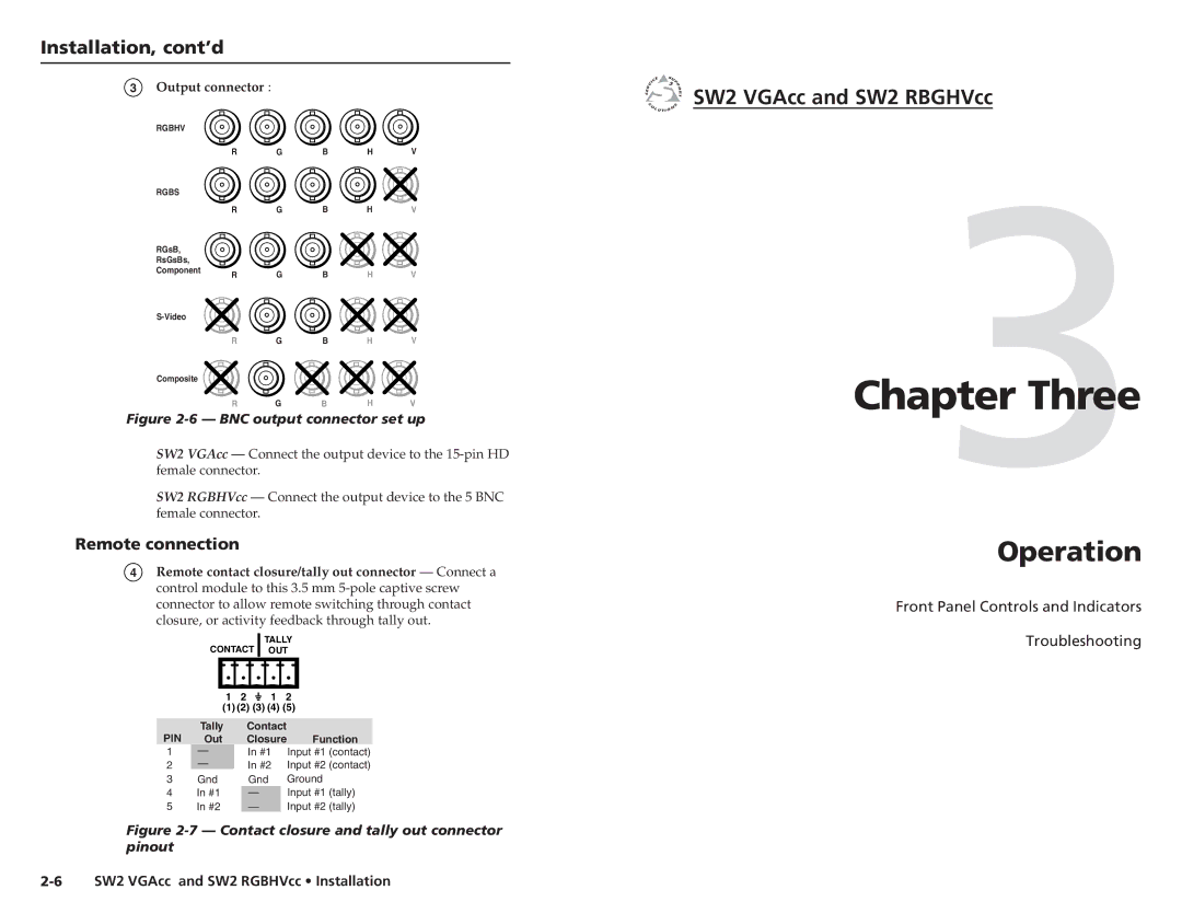 Extron electronic SW2 RGBHVCC, SW2 VGACC Three, Operation, Installation, cont’d, Remote connection, Output connector 