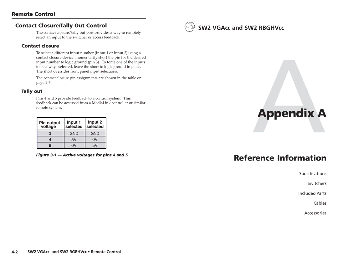 Extron electronic SW2 VGACC AAppendix a, Reference Information, Remote Control Contact Closure/Tally Out Control 