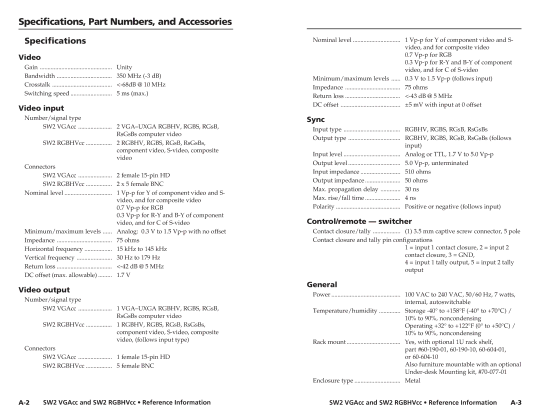 Extron electronic SW2 RGBHVCC, SW2 VGACC user manual Specifications, Part Numbers, and Accessories 