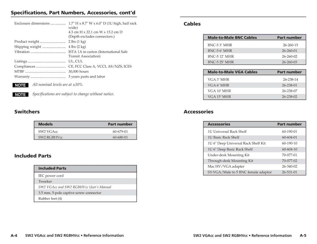 Extron electronic SW2 VGACC Specifications, Part Numbers, Accessories, cont’d, Switchers, Included Parts, Cables 