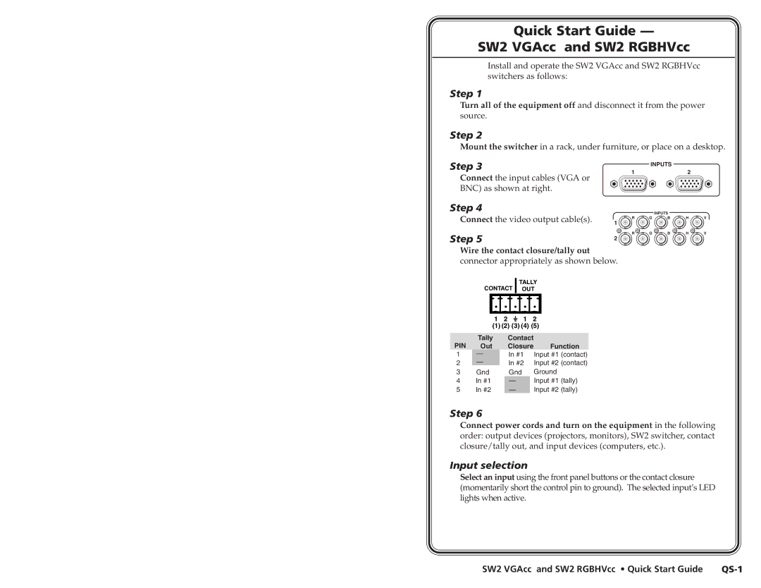 Extron electronic SW2 VGACC, SW2 RGBHVCC Quick Start Guide SW2 VGAcc and SW2 RGBHVcc, Wire the contact closure/tally out 