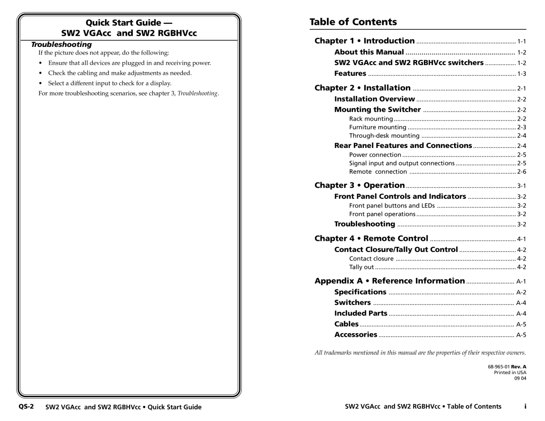 Extron electronic SW2 RGBHVCC, SW2 VGACC user manual Table of Contents 