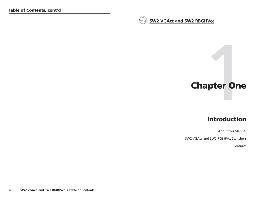 Extron electronic SW2 VGACC, SW2 RGBHVCC user manual One, Introduction, SW2 VGAcc and SW2 RBGHVcc, Table of Contents, cont’d 