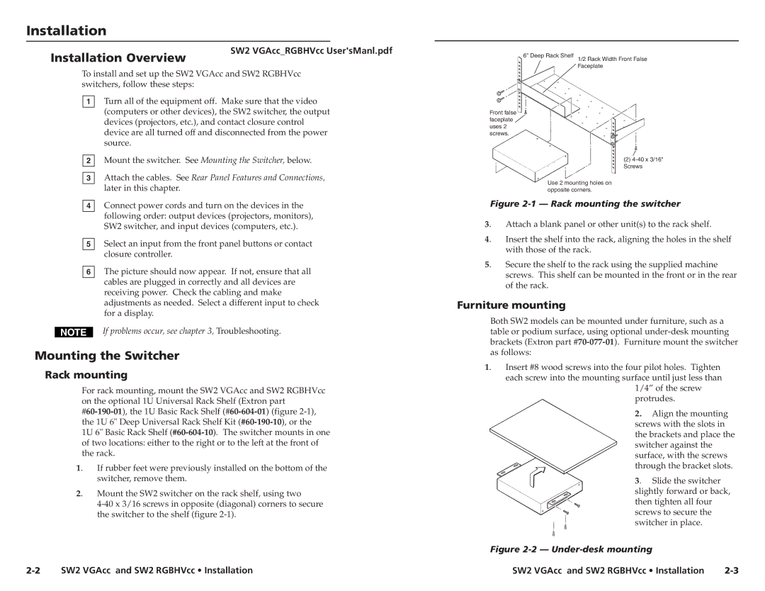 Extron electronic SW2 RGBHVCC Installation Overview, Mounting the Switcher, Rack mounting, Furniture mounting 