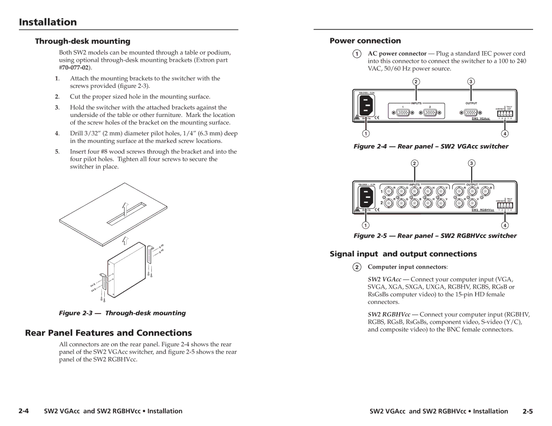 Extron electronic SW2 VGACC, SW2 RGBHVCC Rear Panel Features and Connections, Through-desk mounting, Power connection 