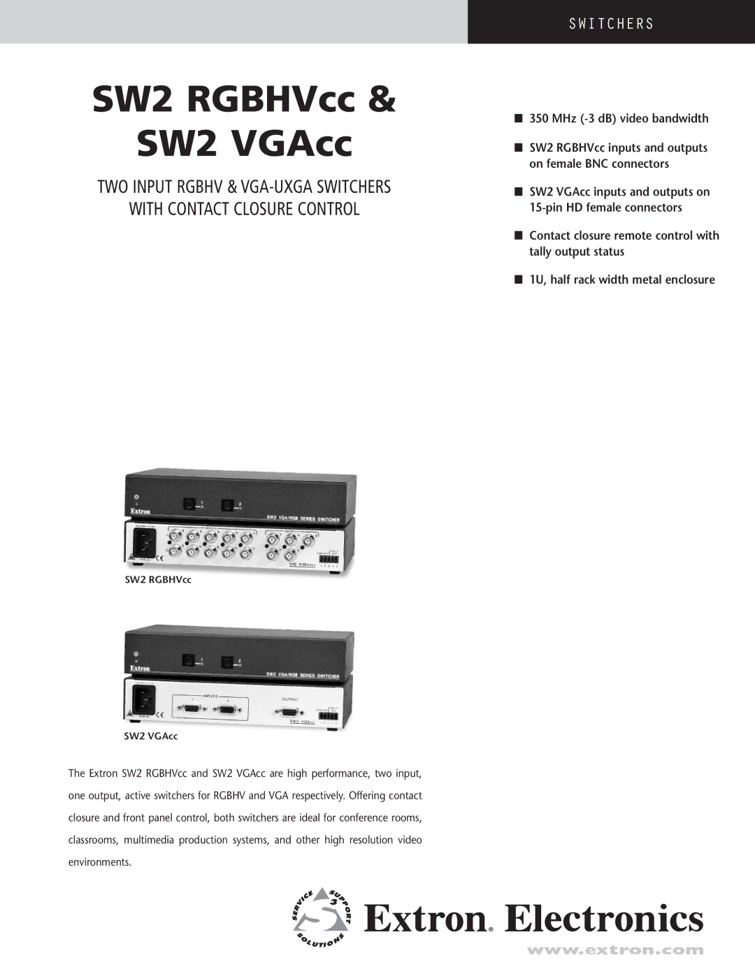 Extron electronic SW2 RGBHVCC manual SW2 RGBHVcc SW2 VGAcc 