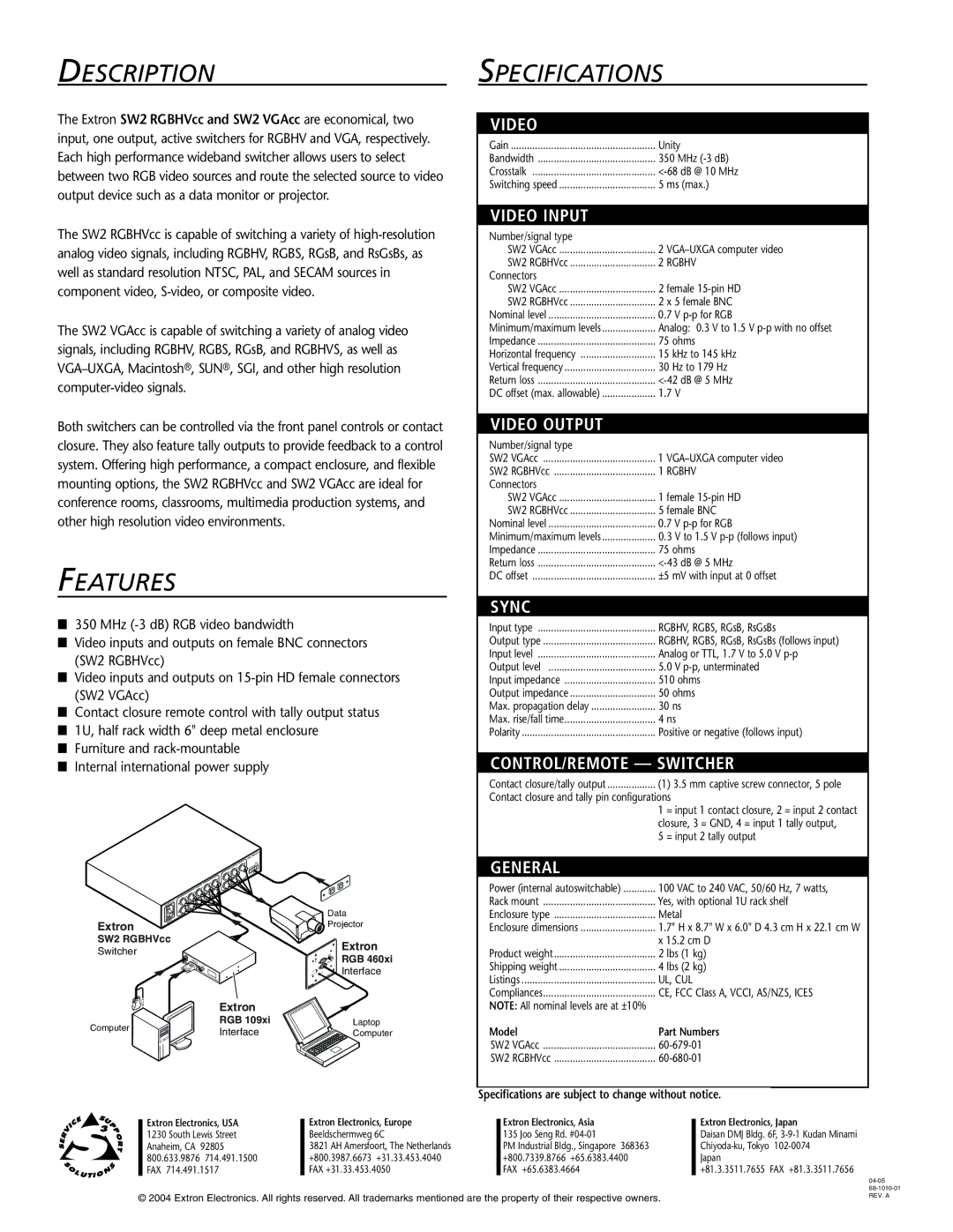 Extron electronic SW2 RGBHVCC manual Descriptionspecifications, Features 