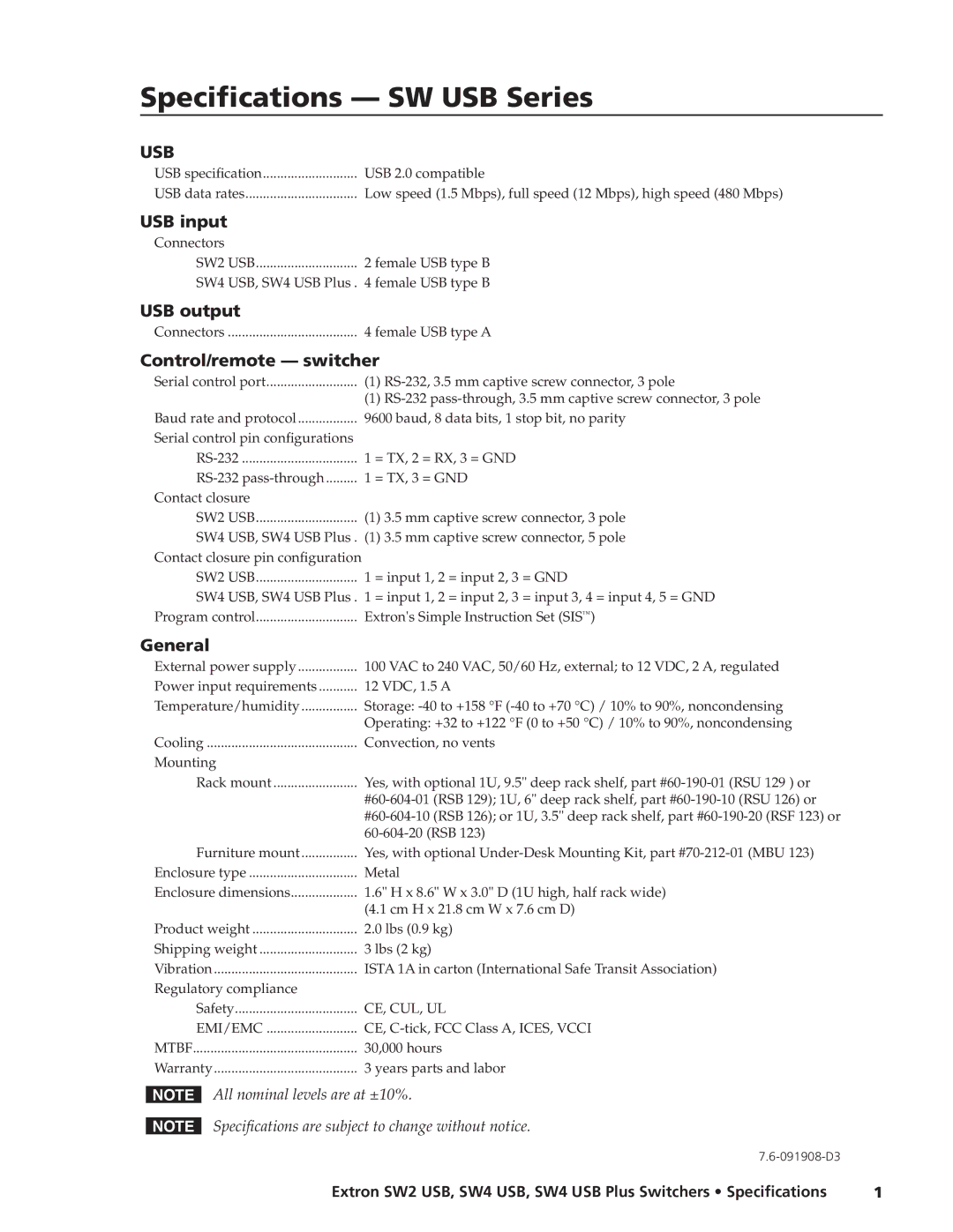 Extron electronic SW4 USB Plus, SW2 USB specifications Specifications SW USB Series, Usb 