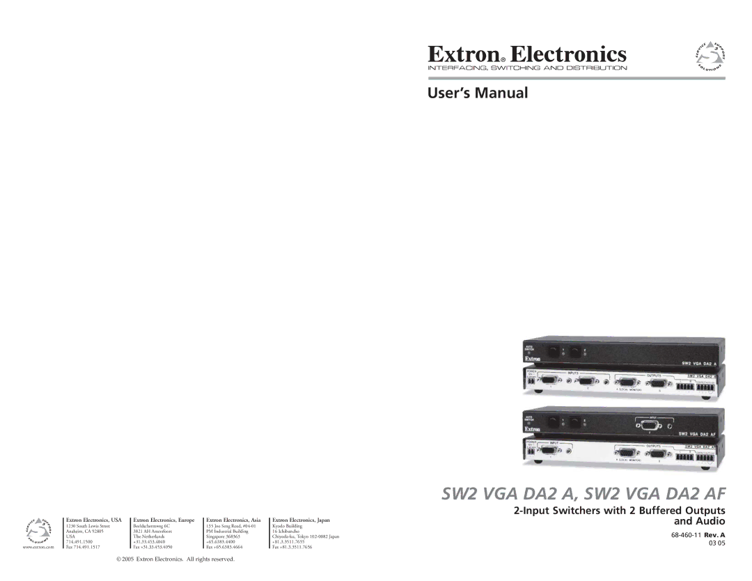 Extron electronic SW2 VGA DA2 AF user manual Input Switchers with 2 Buffered Outputs and Audio, Usa 