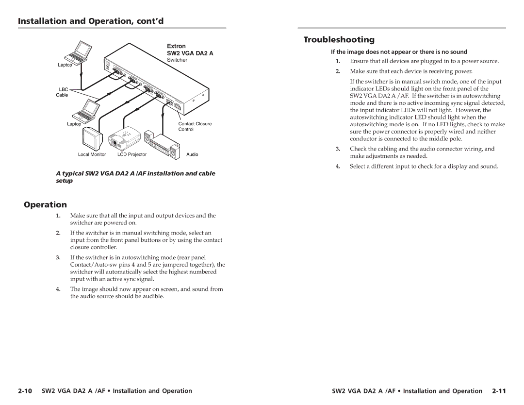 Extron electronic SW2 VGA DA2 A user manual Troubleshooting, Operation, If the image does not appear or there is no sound 