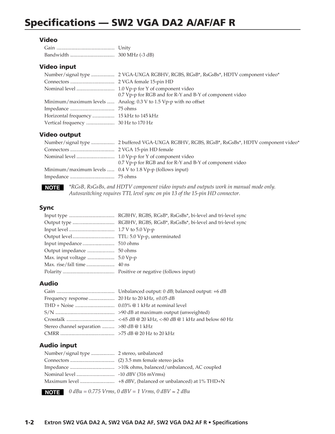 Extron electronic SW2 VGA DA2A, SW2 VGA DA2 A specifications Video input, Video output, Sync, Audio input 
