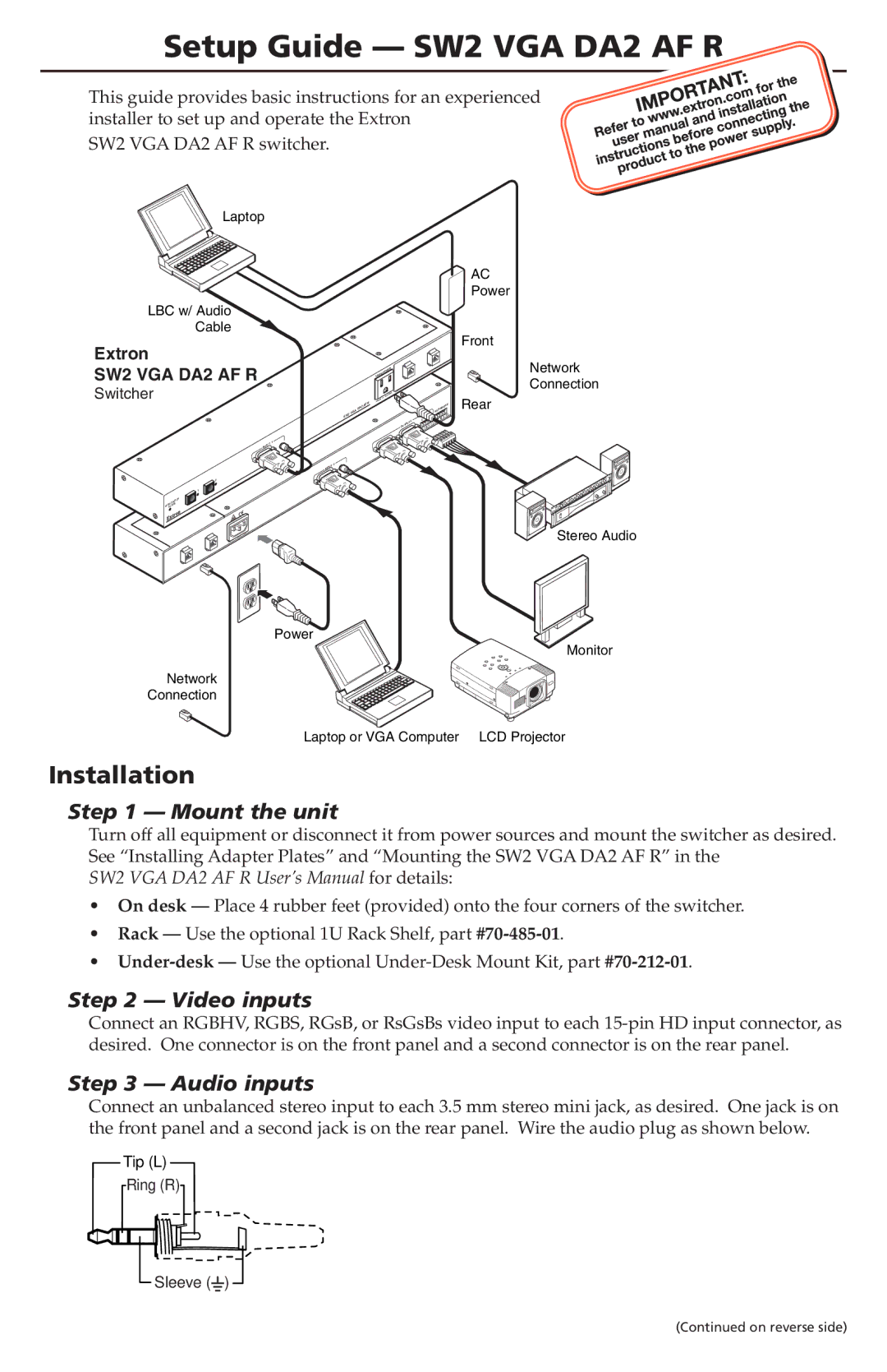 Extron electronic SW2 VGA DA2 AF R setup guide Mount the unit, Video inputs, Audio inputs 