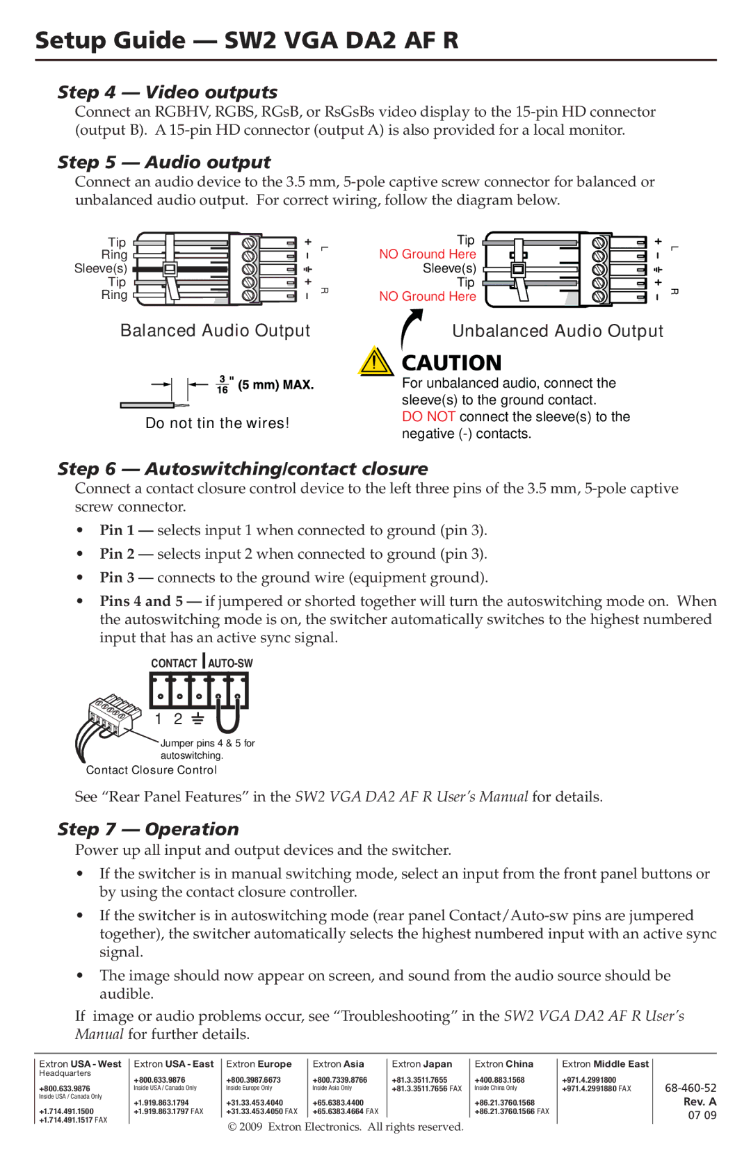 Extron electronic SW2 VGA DA2 AF R setup guide Video outputs, Audio output, Autoswitching/contact closure, Operation 