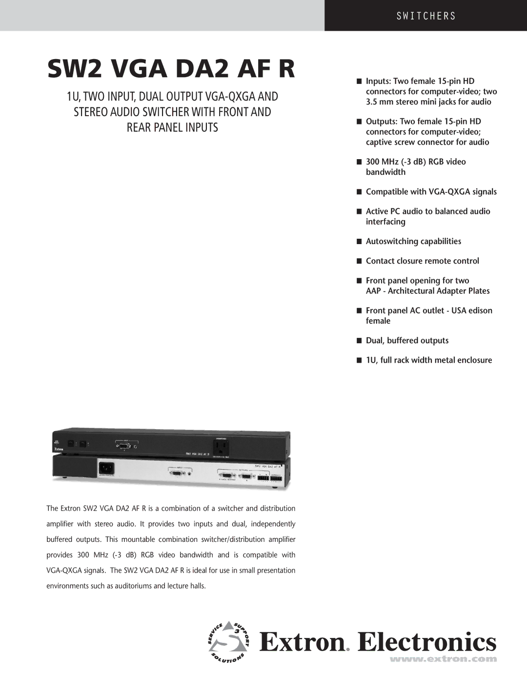 Extron electronic SW2 VGA DA2AF R manual SW2 VGA DA2 AF R 