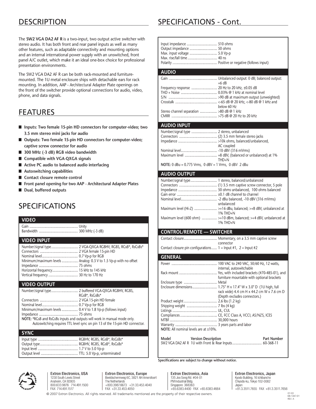 Extron electronic SW2 VGA DA2AF R manual DESCRIPTIONspecifications, Features, Specifications 