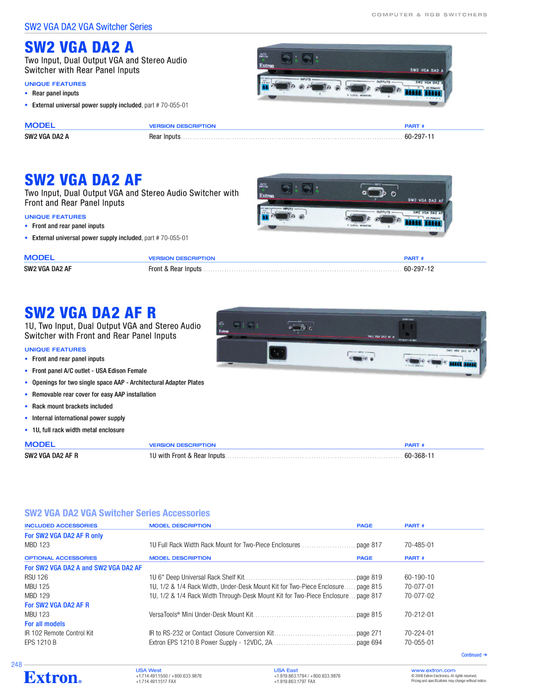 Extron electronic SW2 VGA Series Model, 60-297-11, 60-297-12, 60-368-11, For SW2 VGA DA2 AF R only MBD, For all models 