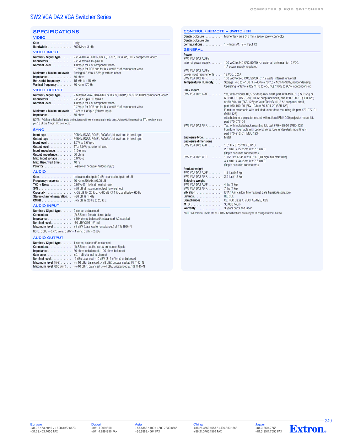 Extron electronic DA2 VGA Series, SW2 VGA Series specifications 249 