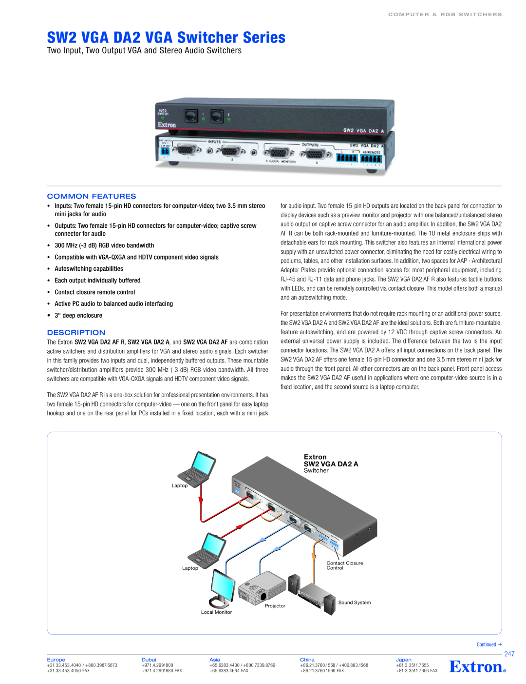 Extron electronic DA2 VGA Series specifications SW2 VGA DA2 VGA Switcher Series, Extron SW2 VGA DA2 A, Continued 