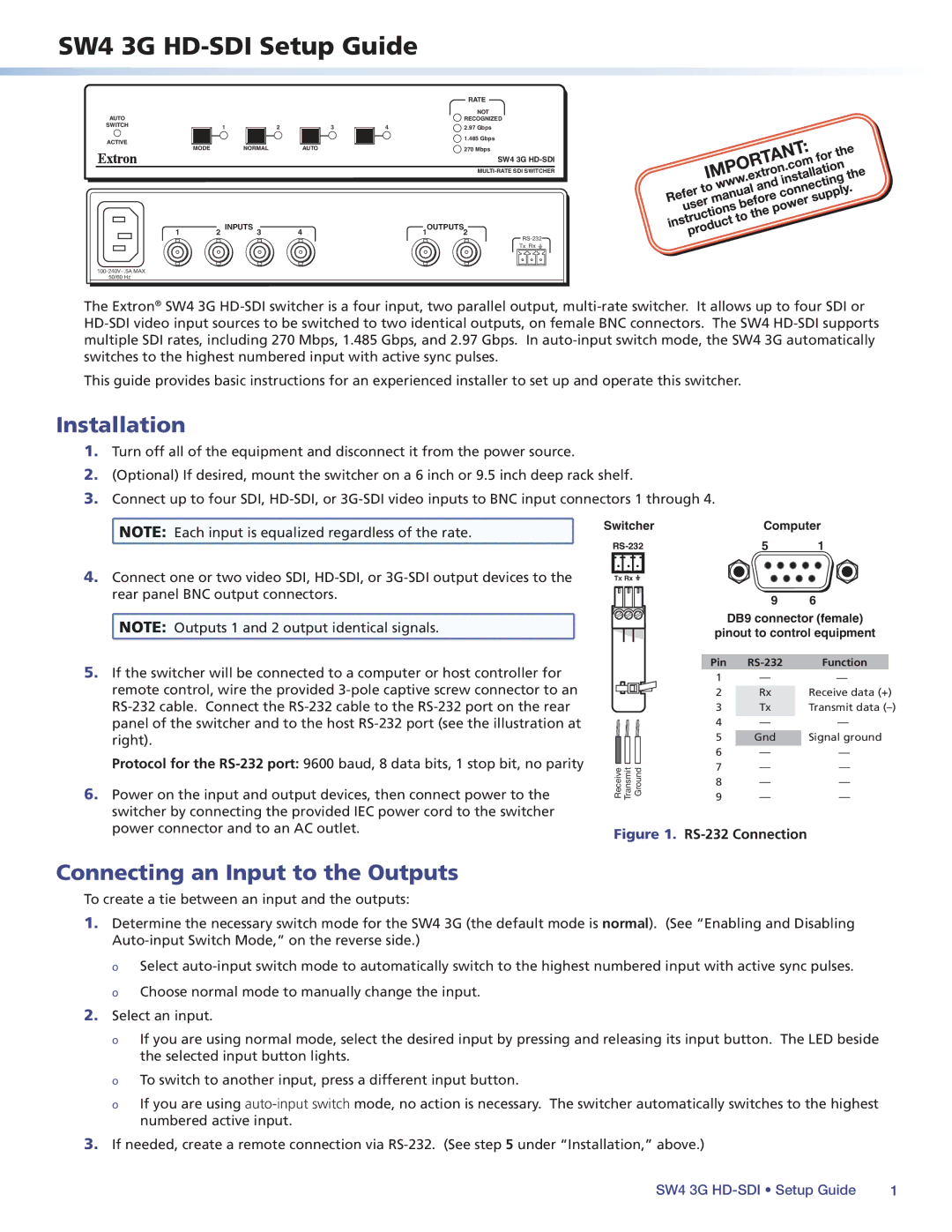 Extron electronic SW4 3G HD-SDI user manual Multi-rate SDI Switcher 