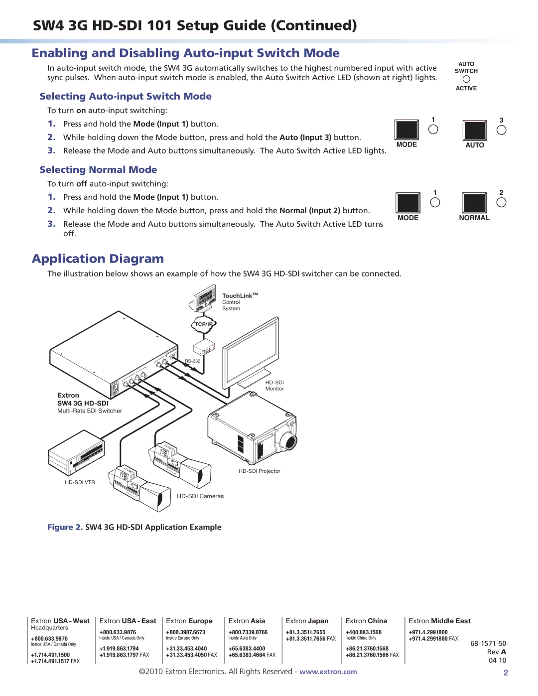 Extron electronic SW4 3G HD-SDI 101 Setup Guide, Enabling and Disabling Auto-input Switch Mode, Application Diagram 