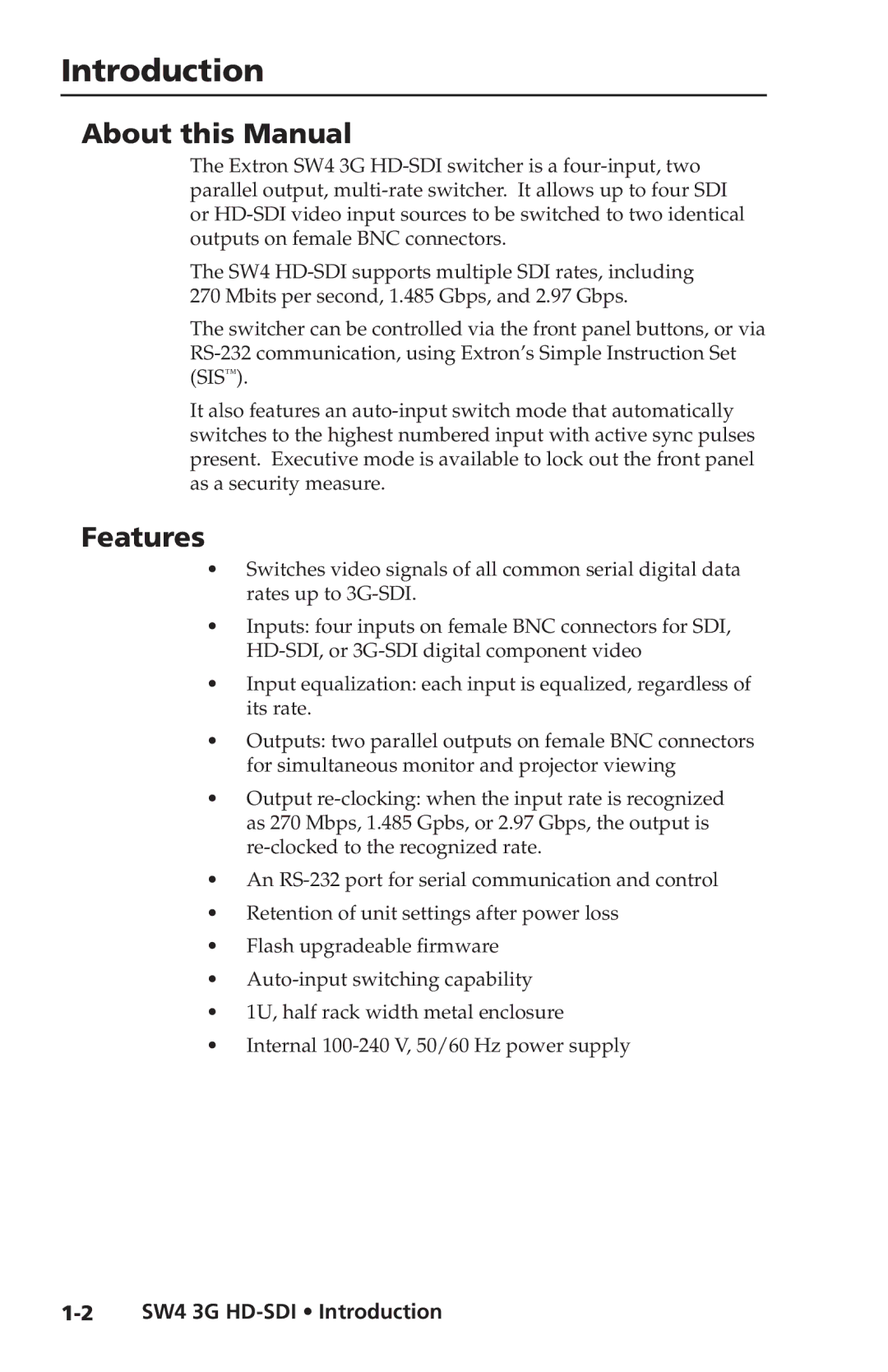 Extron electronic SW4 3G HD-SDI user manual Introduction, About this Manual, Features 