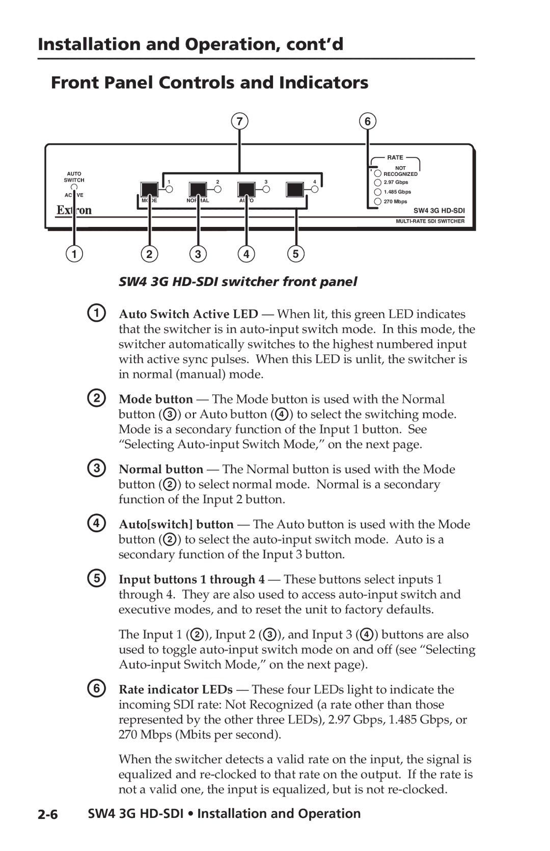 Extron electronic user manual SW4 3G HD-SDI switcher front panel 