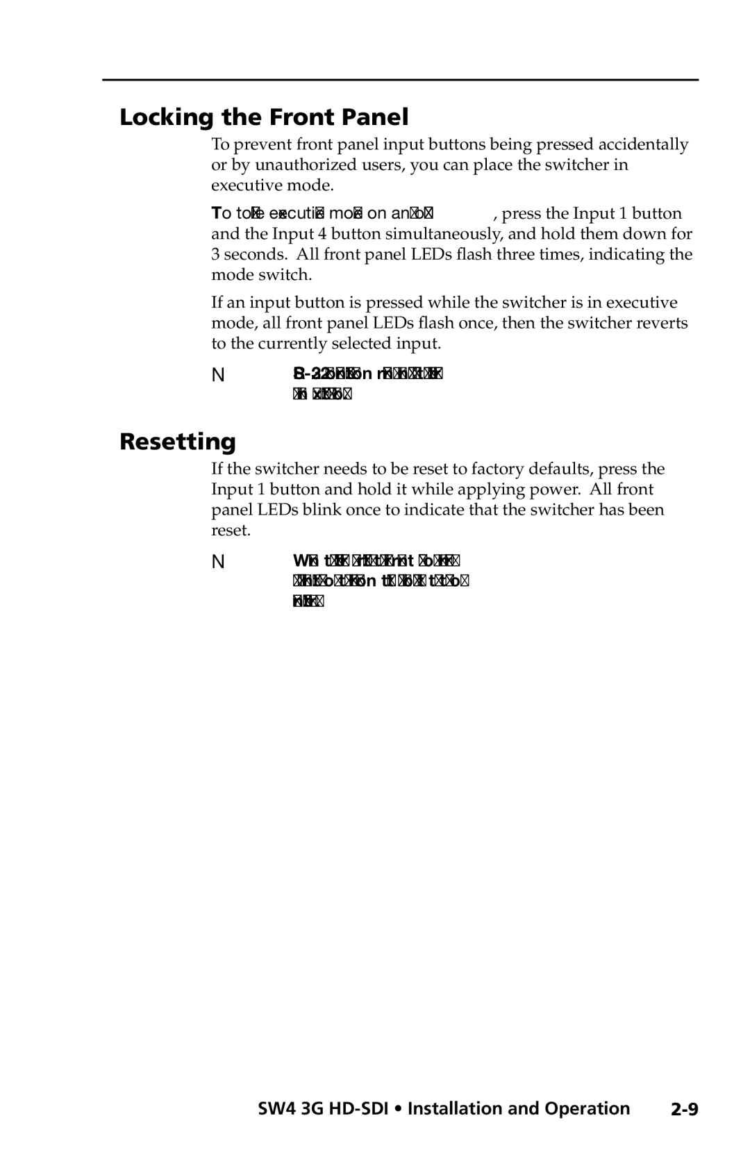 Extron electronic SW4 3G HD-SDI user manual Locking the Front Panel, Resetting 