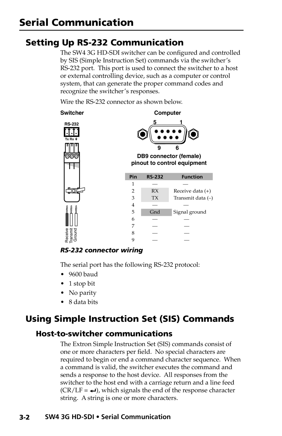 Extron electronic SW4 3G HD-SDI Serial Communication, Setting Up RS-232 Communication, Host-to-switcher communications 