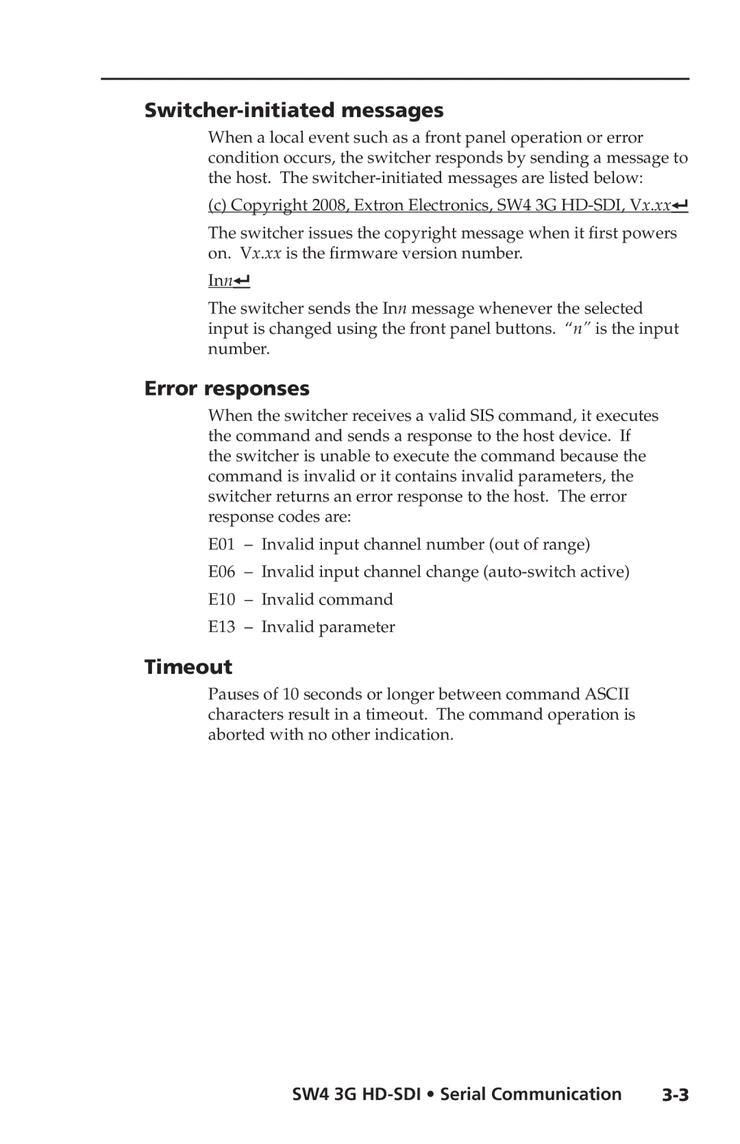 Extron electronic SW4 3G HD-SDI user manual Switcher-initiated messages, Error responses, Timeout 