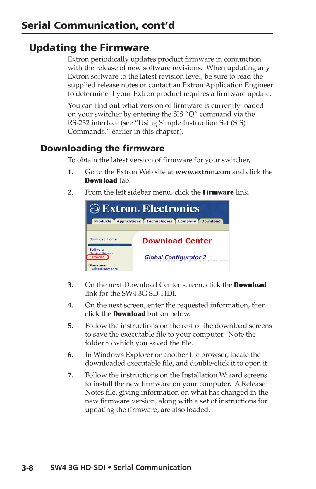 Extron electronic SW4 3G HD-SDI user manual Serial Communication, cont’d Updating the Firmware, Downloading the firmware 