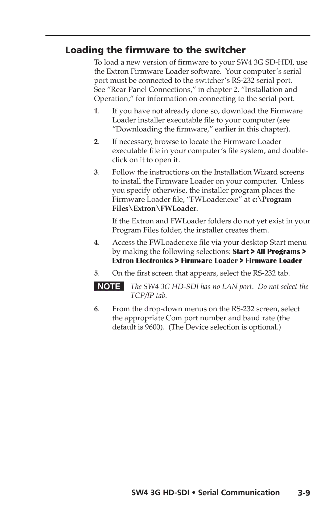 Extron electronic SW4 3G HD-SDI user manual Loading the firmware to the switcher 