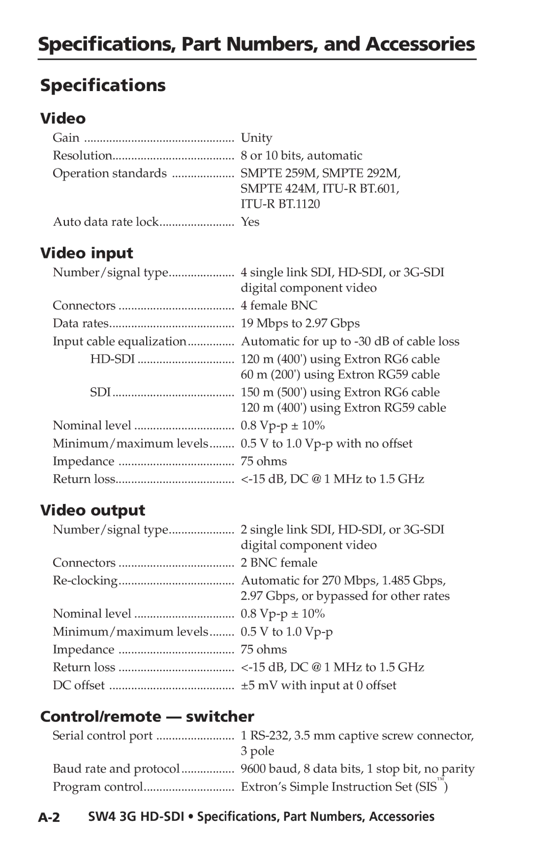 Extron electronic SW4 3G HD-SDI user manual Specifications, Part Numbers, and Accessories 