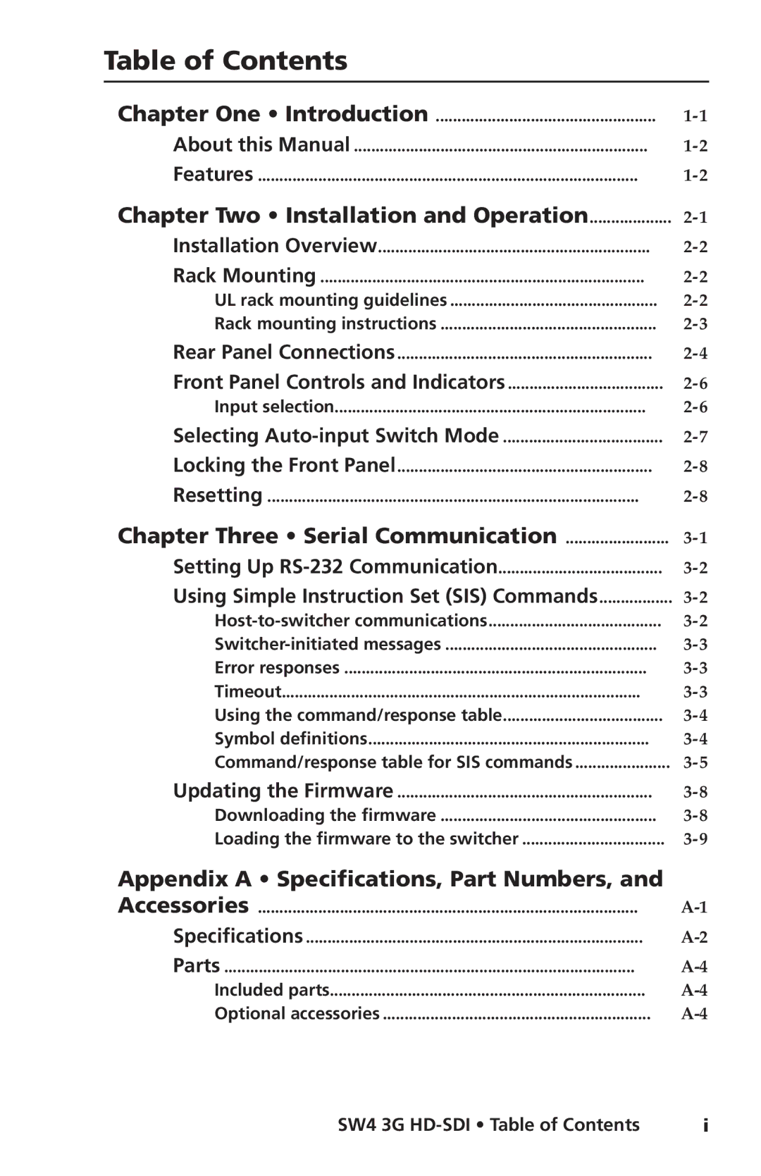 Extron electronic SW4 3G HD-SDI user manual Table of Contents 