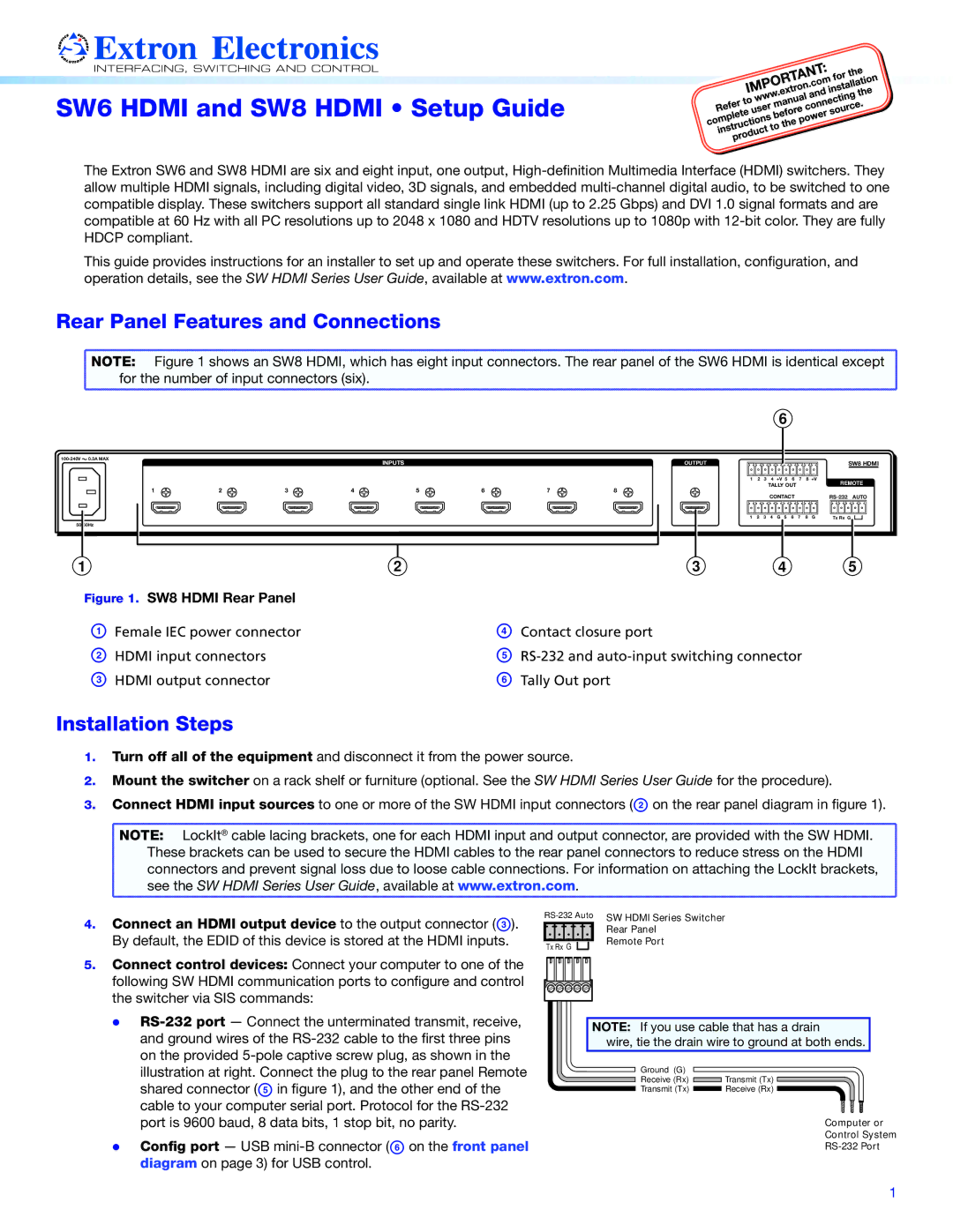 Extron electronic SW8, SW6 setup guide Rear Panel Features and Connections, Installation Steps 