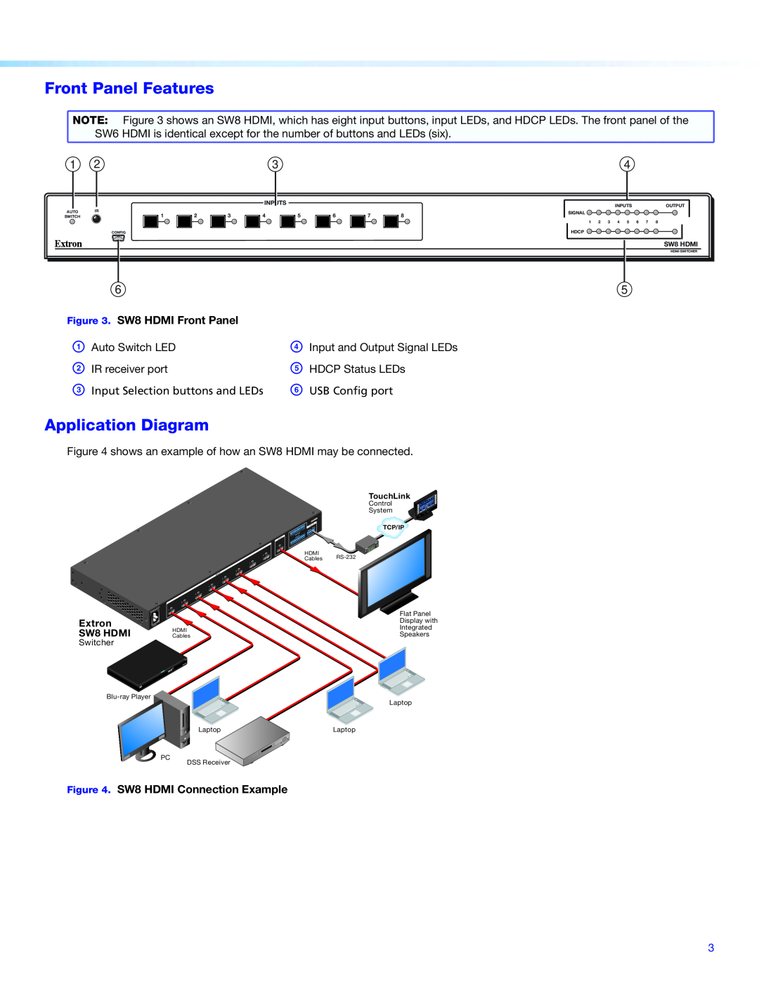 Extron electronic Front Panel Features, Application Diagram, A Auto Switch LED, B IR receiver port, Extron SW8 HDMI 
