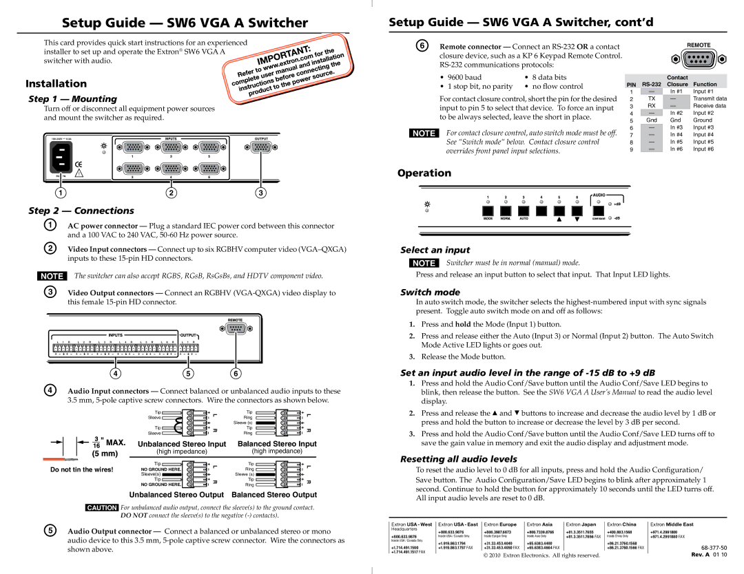 Extron electronic SW6 VGA A setup guide Installation, Operation 