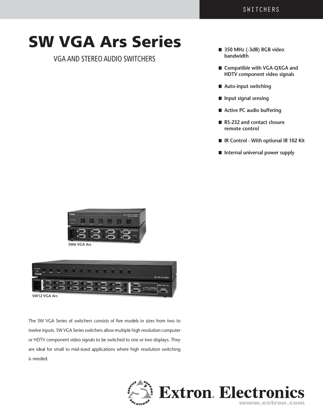 Extron electronic manual VGA and stereo audio Switchers, SW6 VGA Ars SW12 VGA Ars 