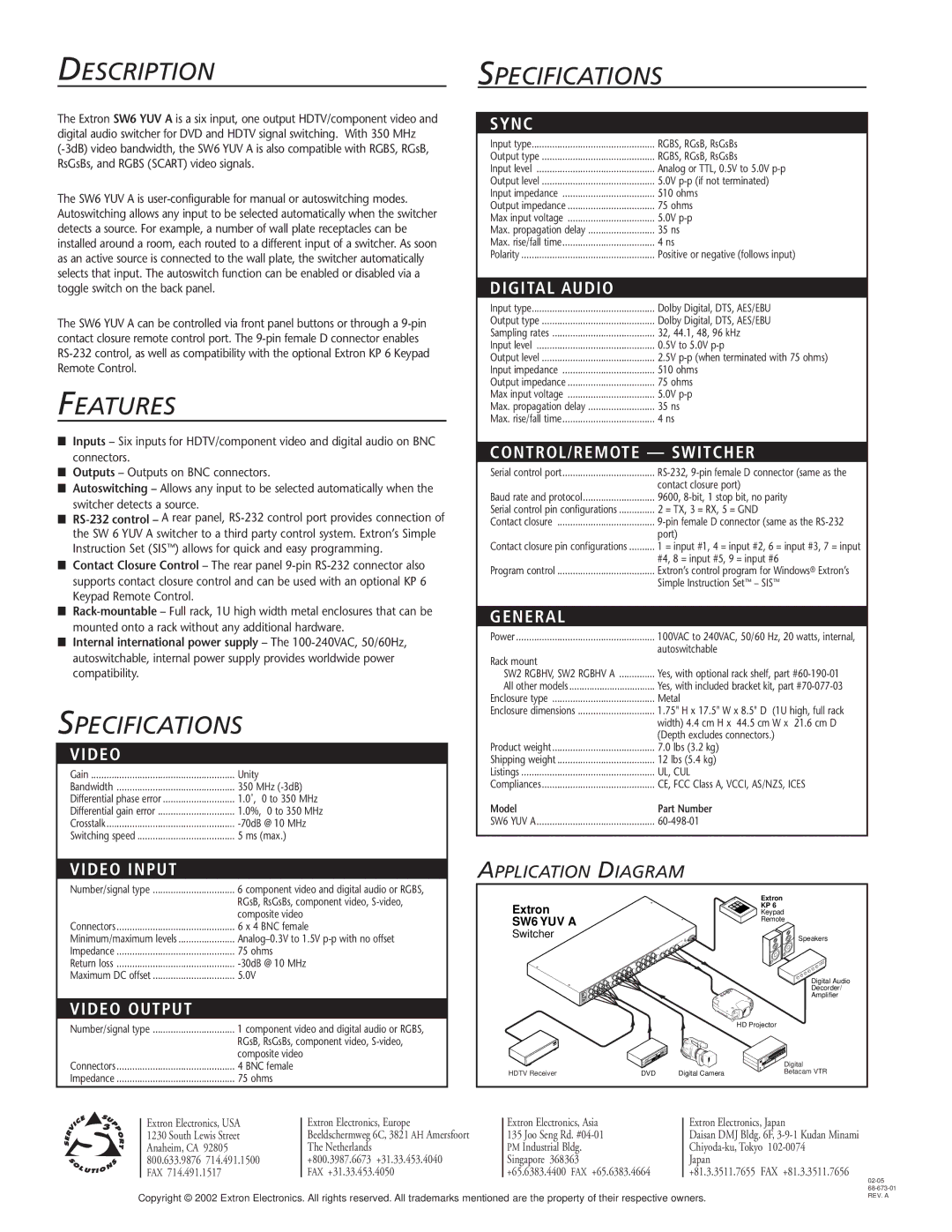 Extron electronic SW6 YUV A manual Description, Features, Specifications 