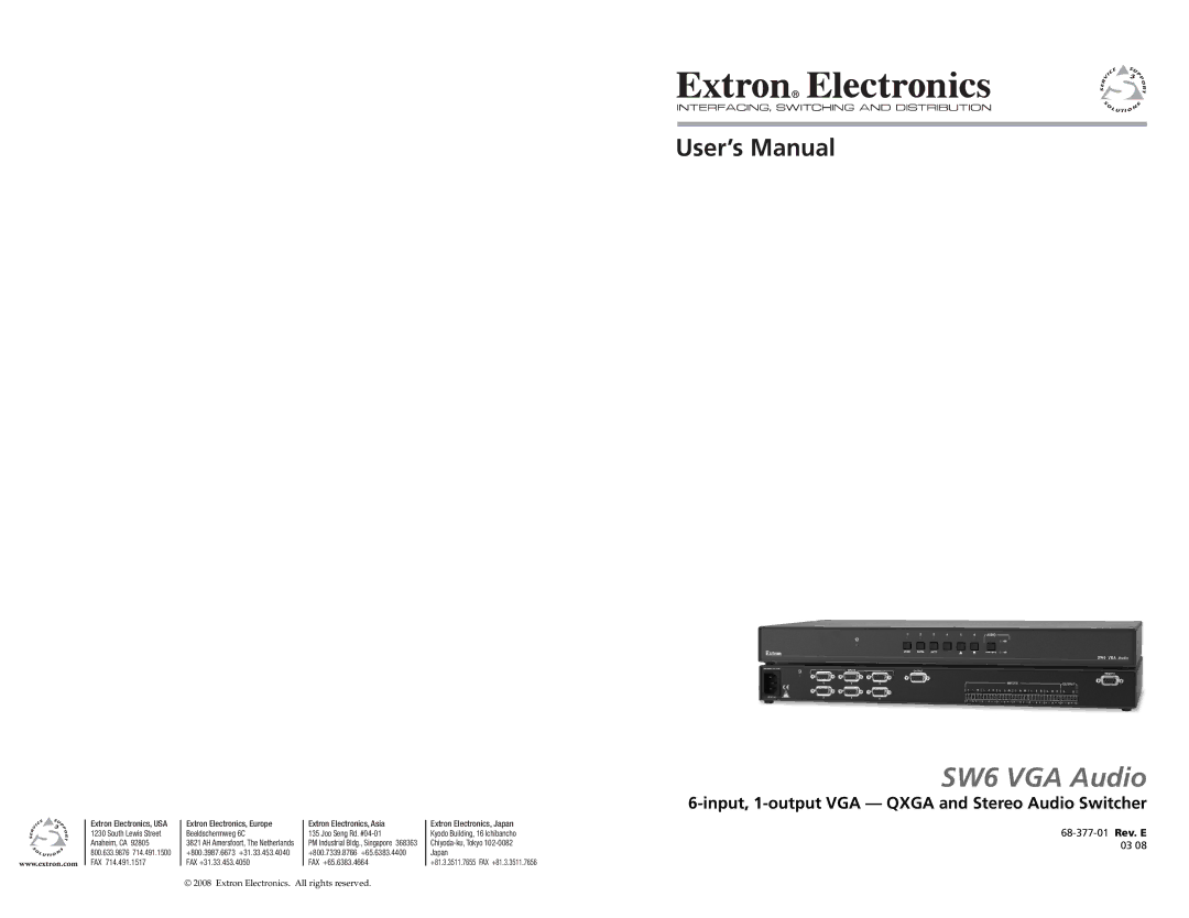 Extron electronic SW6 user manual User’s Manual, Input, 1-output VGA Qxga and Stereo Audio Switcher 