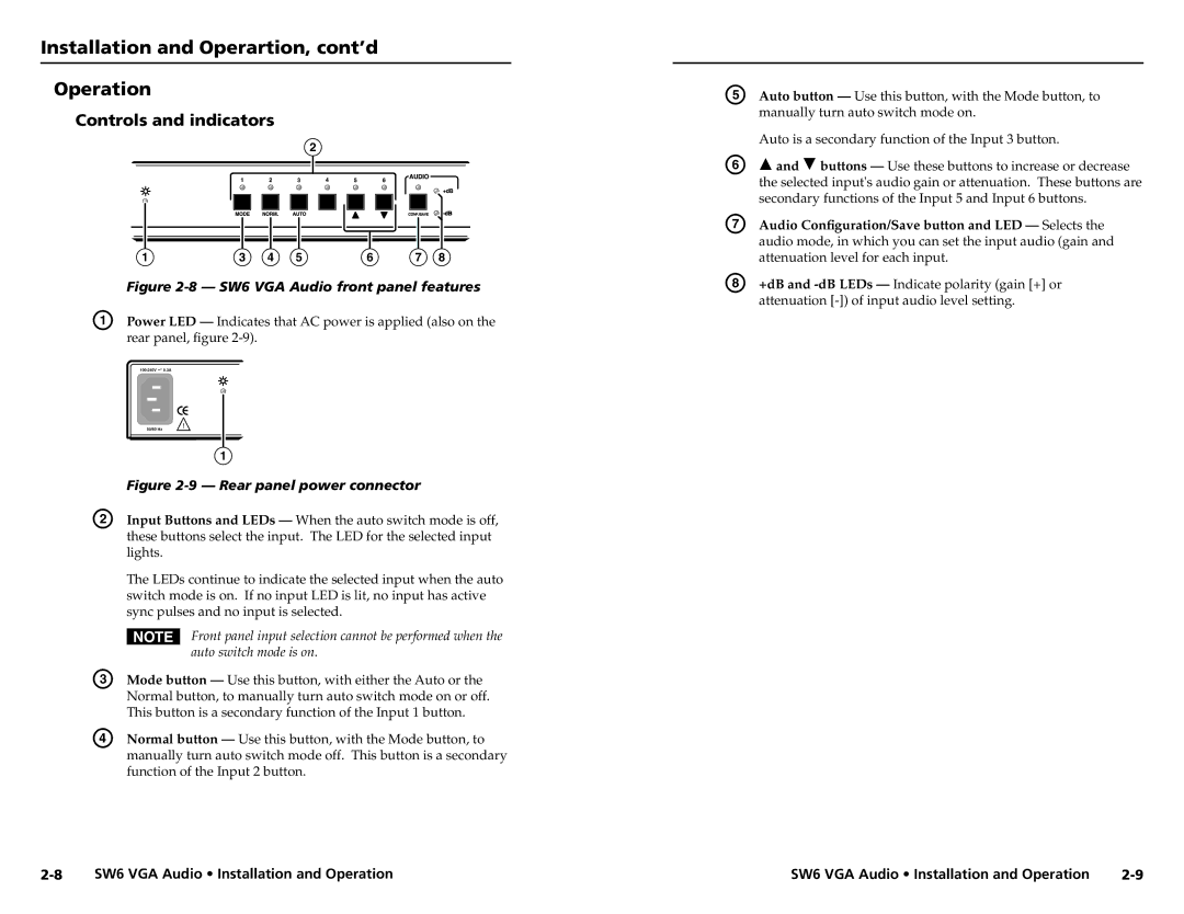 Extron electronic SW6 user manual Installation and Operartion, cont’d Operation, Controls and indicators 