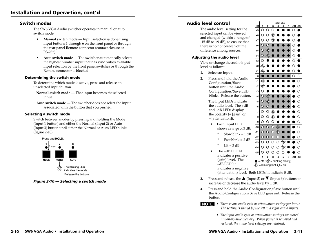 Extron electronic SW6 user manual Switch modes, Audio level control, Determining the switch mode, Selecting a switch mode 