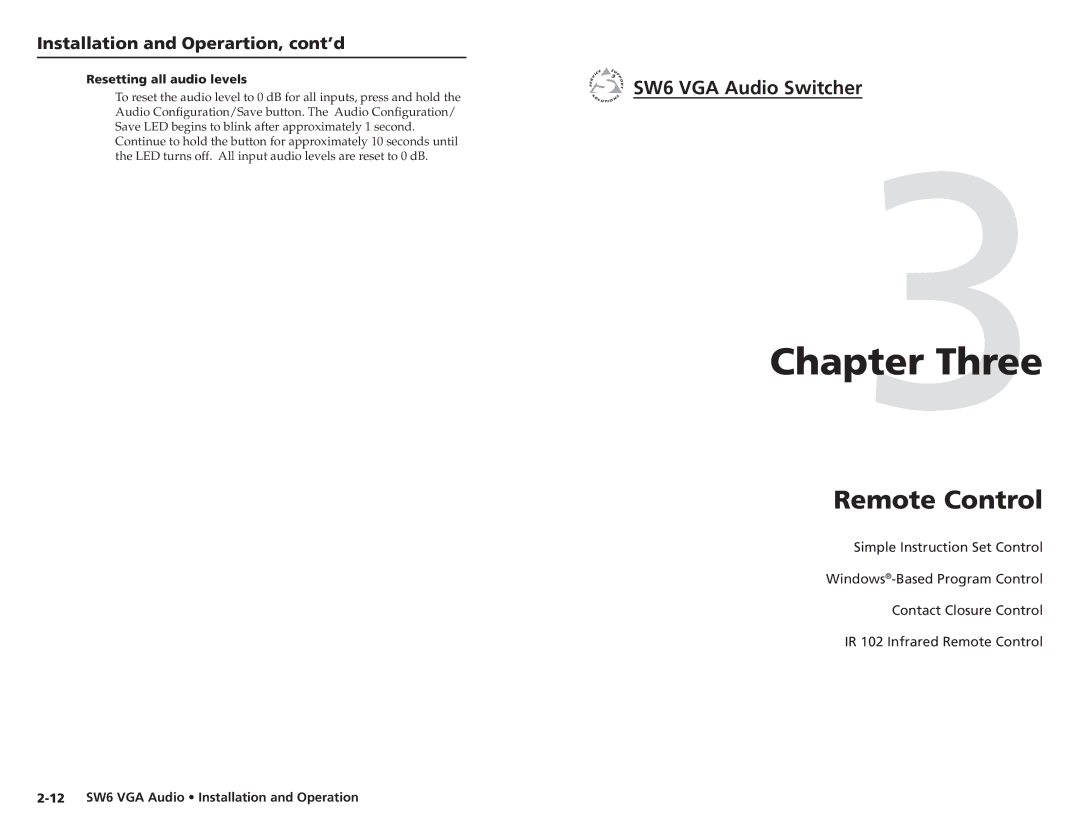 Extron electronic SW6 user manual Three, Remote Control, Resetting all audio levels 