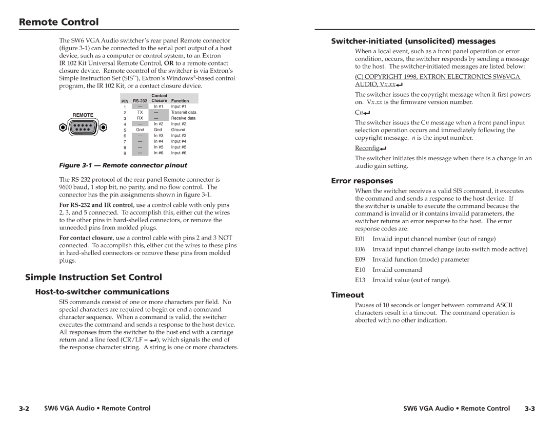 Extron electronic SW6 user manual Remote Control, Simple Instruction Set Control 