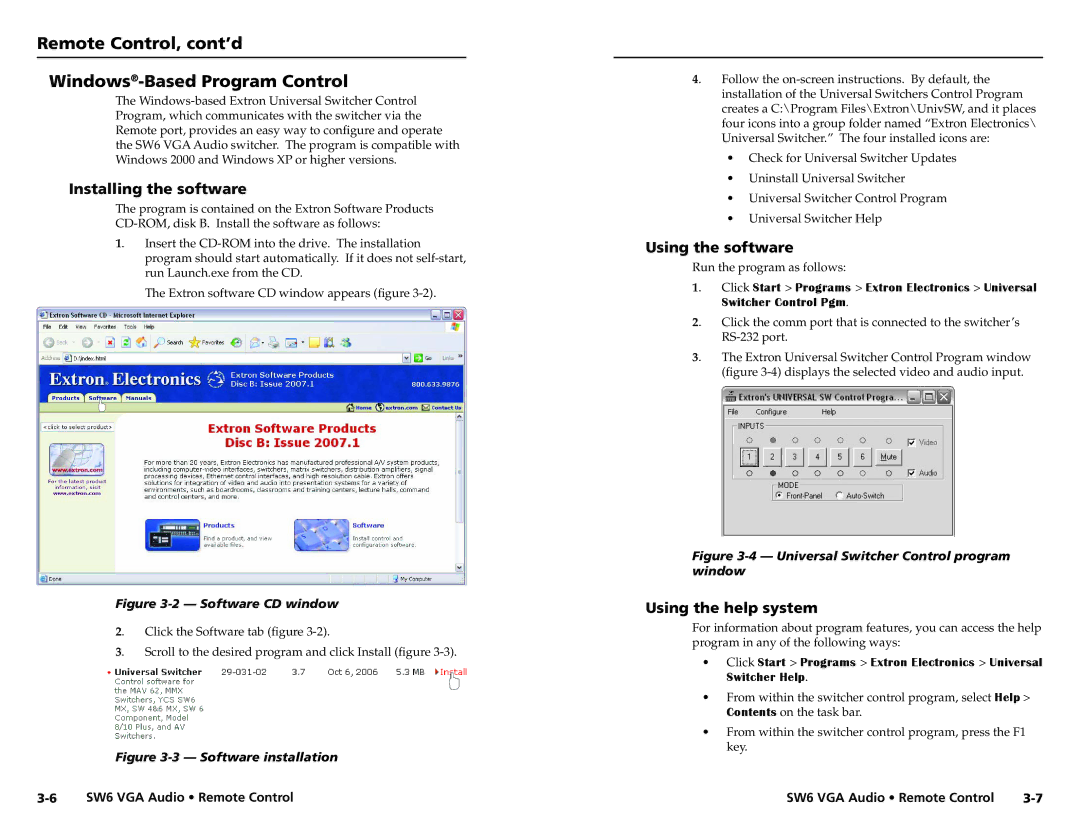 Extron electronic SW6 Remote Control, cont’d Windows-Based Program Control, Installing the software, Using the software 