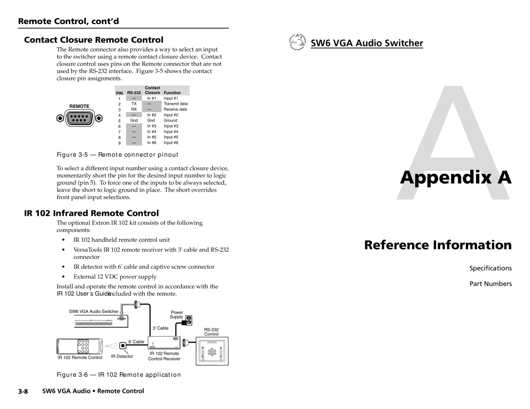 Extron electronic SW6 user manual AAppendix a, Reference Information, Remote Control, cont’d Contact Closure Remote Control 