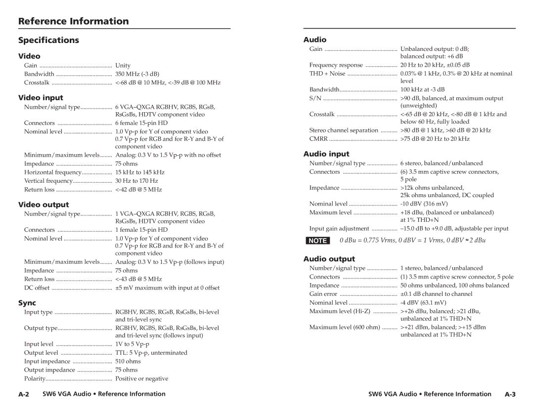 Extron electronic SW6 user manual Reference Information, Specifications 