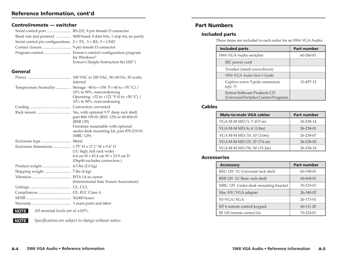 Extron electronic SW6 user manual Reference Information, cont’d, Part Numbers 