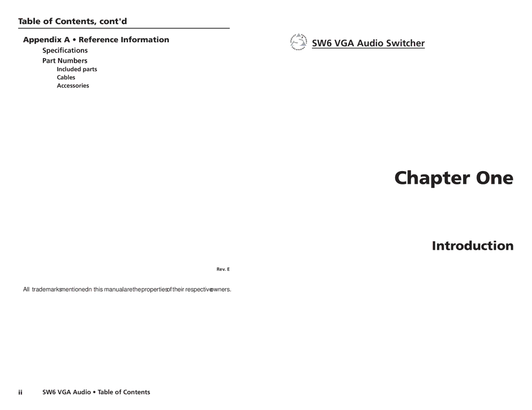 Extron electronic user manual One, Introduction, SW6 VGA Audio Switcher, Table of Contents, contd 